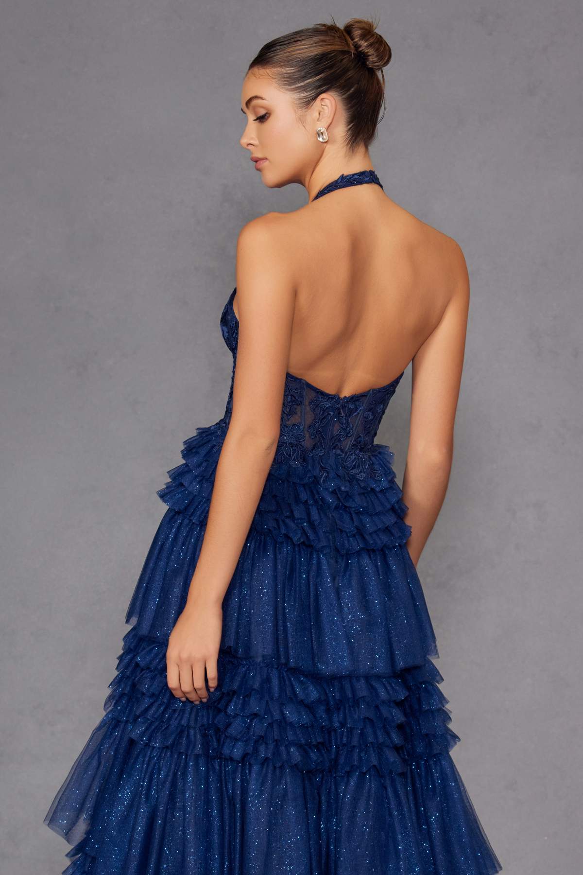 Juliet JT2556S Halter V-Neckline Layered Tulle Slit A-Line Gown