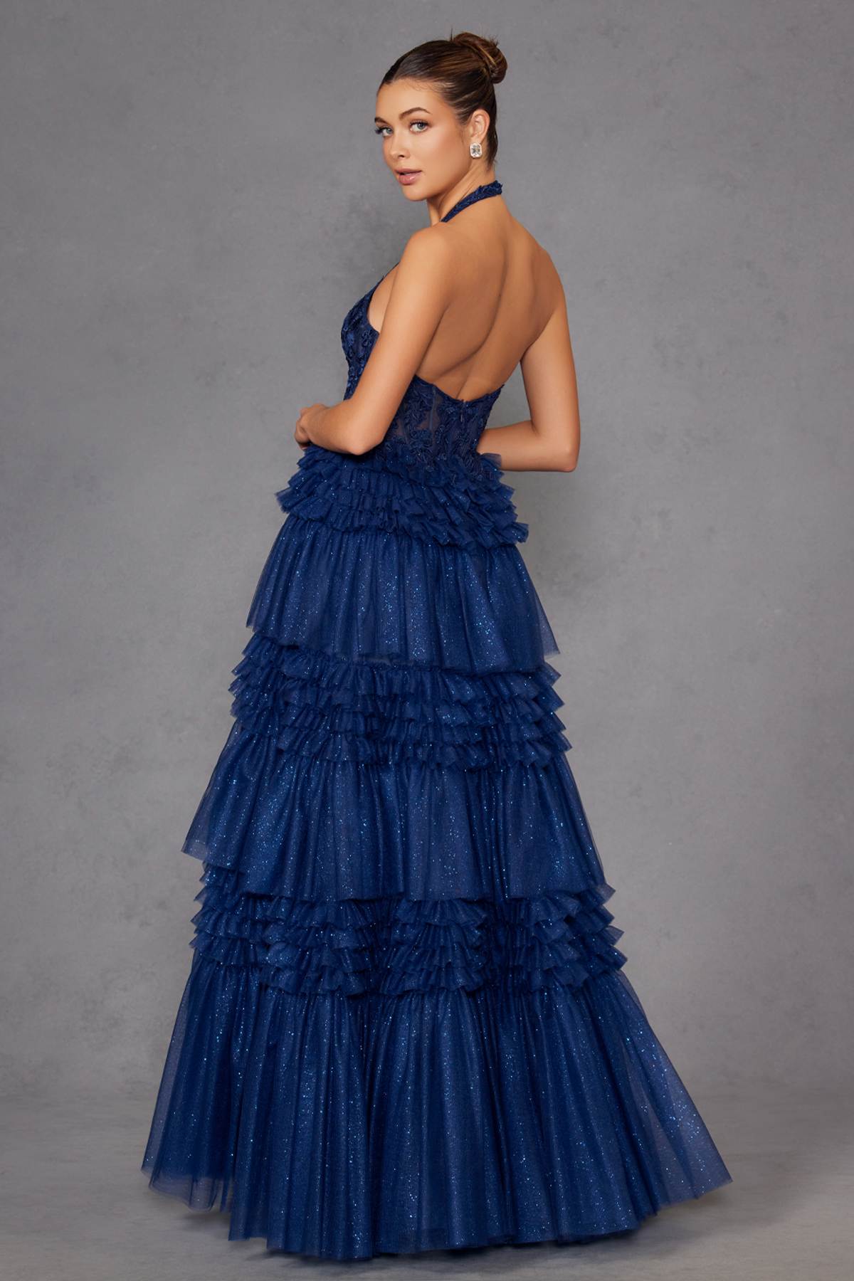 Juliet JT2556S Halter V-Neckline Layered Tulle Slit A-Line Gown