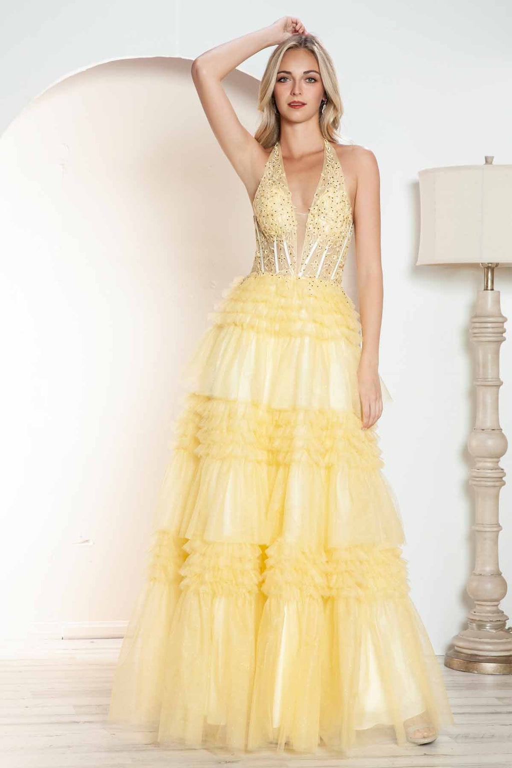 Juliet JT2556S Halter V-Neckline Layered Tulle Slit A-Line Gown