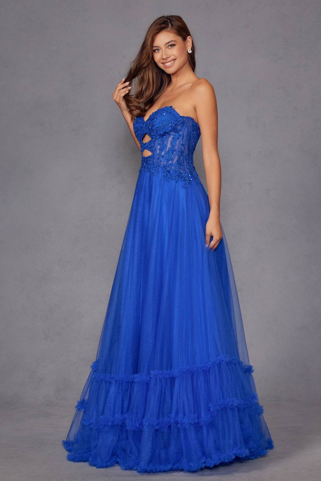 Juliet JT2561S Strapless Sweetheart Keyhole Bodice Tulle A-Line Gown