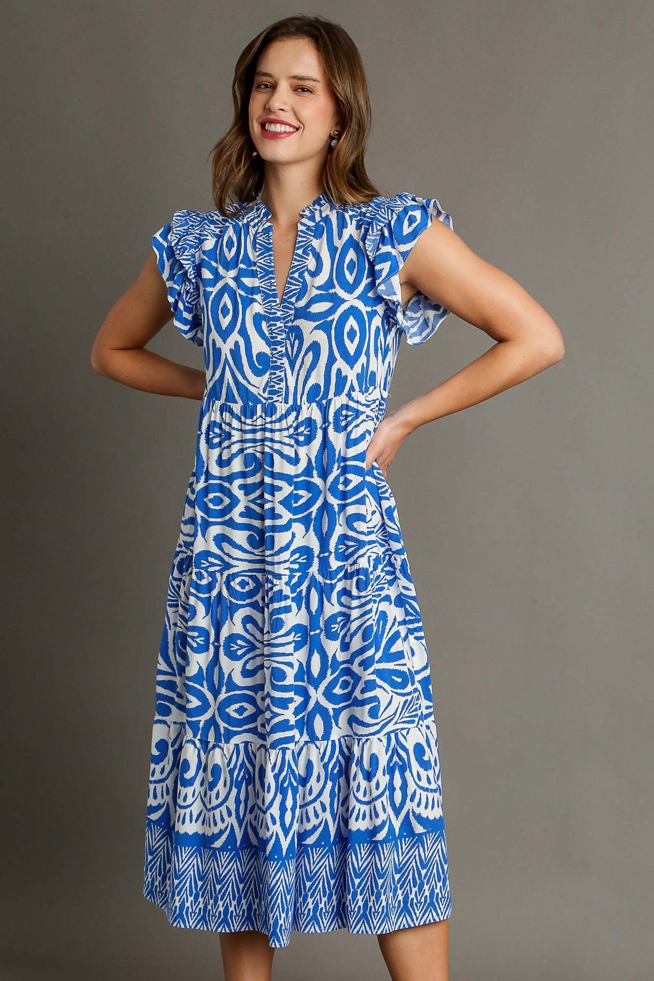 Blue Full Size Two-Tone Print Ruffle Cap Sleeve Midi Dress Plus Size Statement Piece Dress