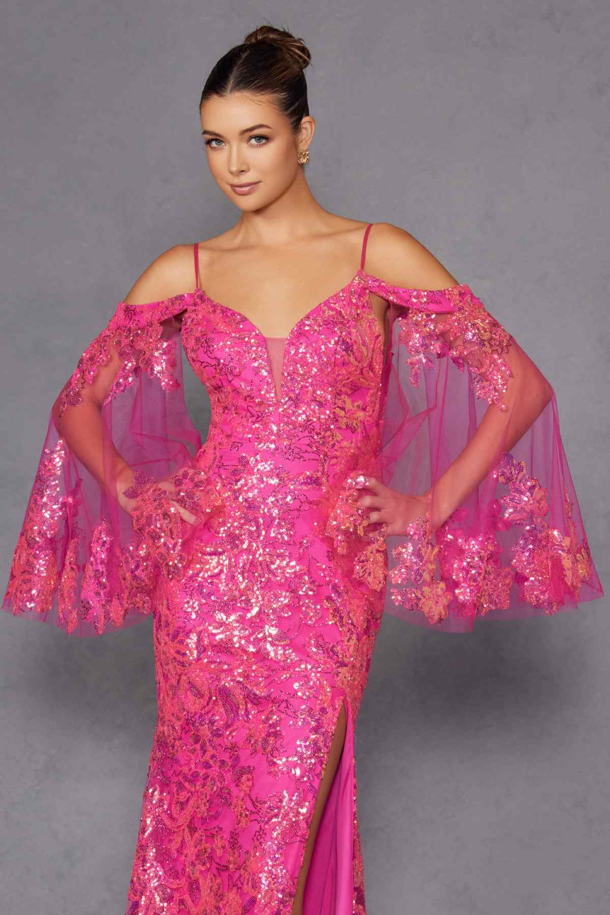 Juliet JT2564U Long Sleeve Cold Shoulder Fitted Sequin Gown