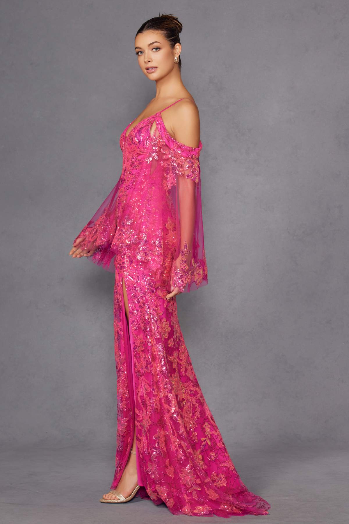 Juliet JT2564U Long Sleeve Cold Shoulder Fitted Sequin Gown