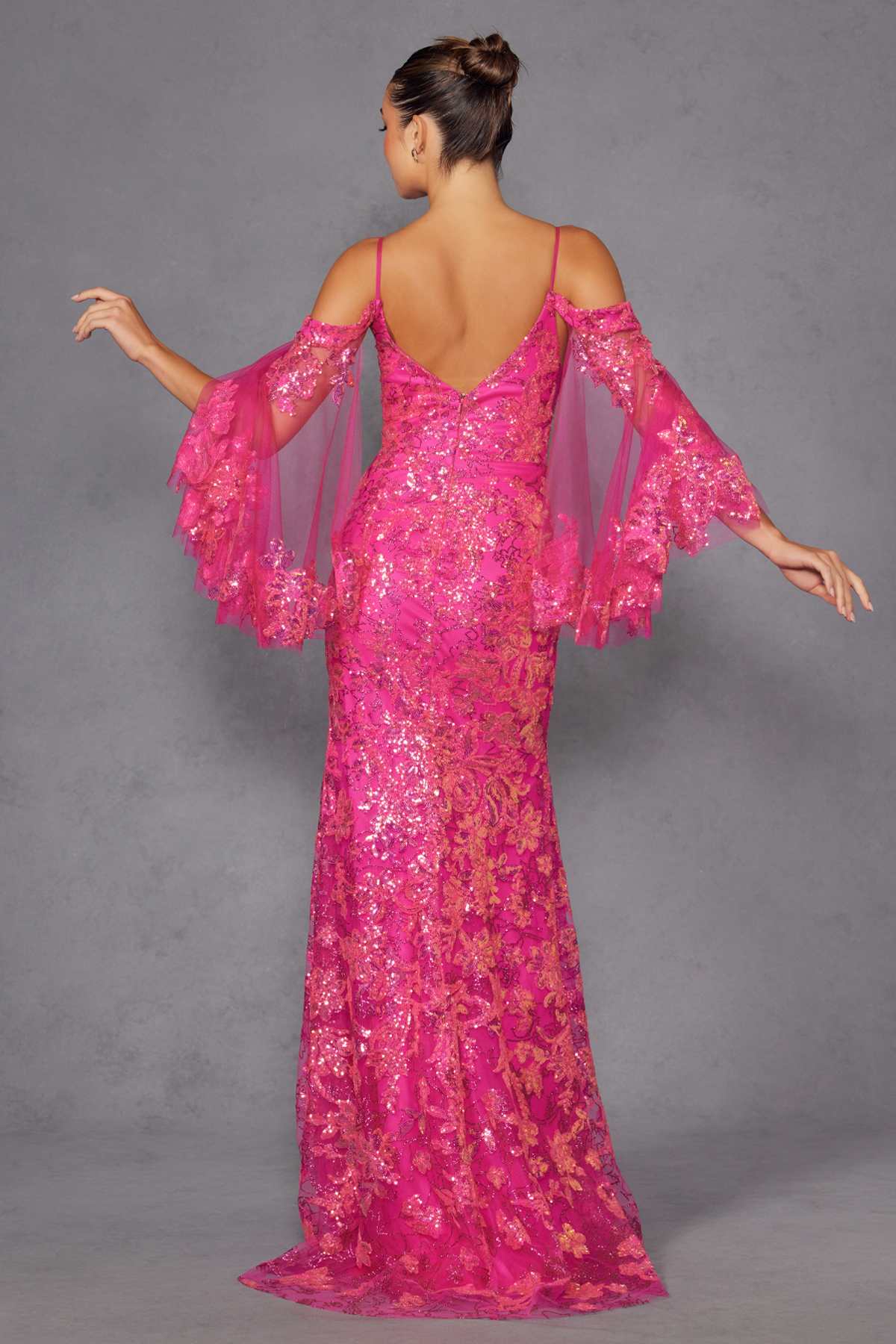 Juliet JT2564U Long Sleeve Cold Shoulder Fitted Sequin Gown