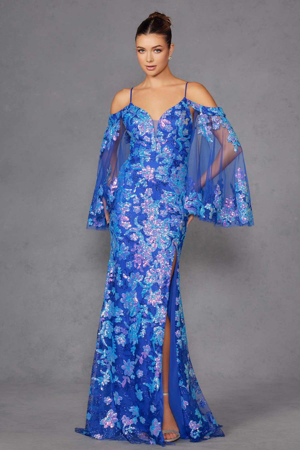 Juliet JT2564U Long Sleeve Cold Shoulder Fitted Sequin Gown