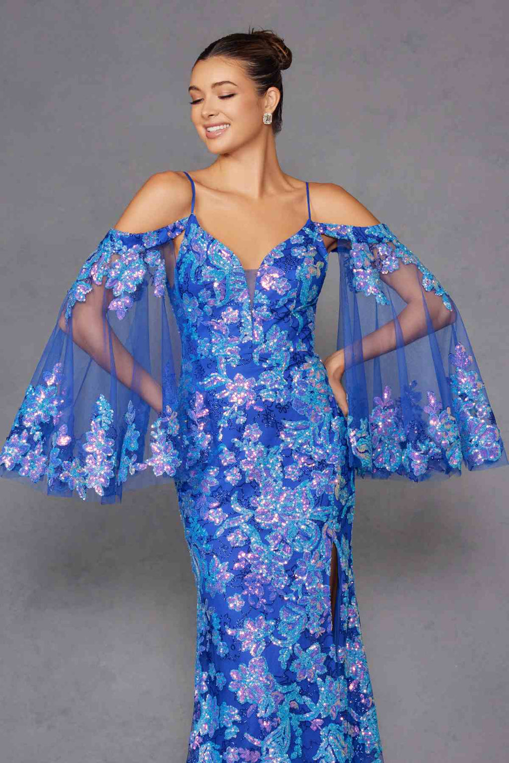 Juliet JT2564U Long Sleeve Cold Shoulder Fitted Sequin Gown