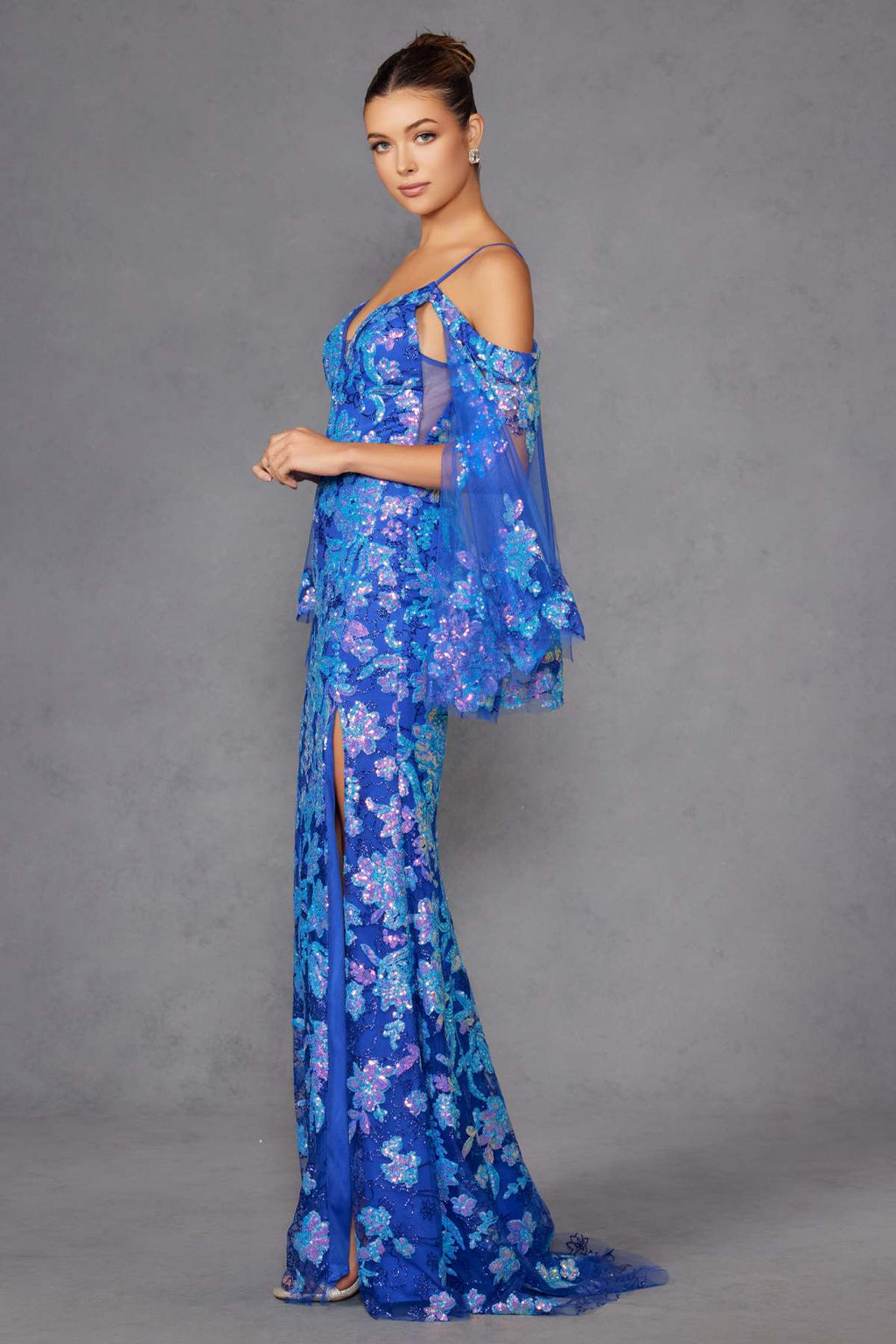 Juliet JT2564U Long Sleeve Cold Shoulder Fitted Sequin Gown