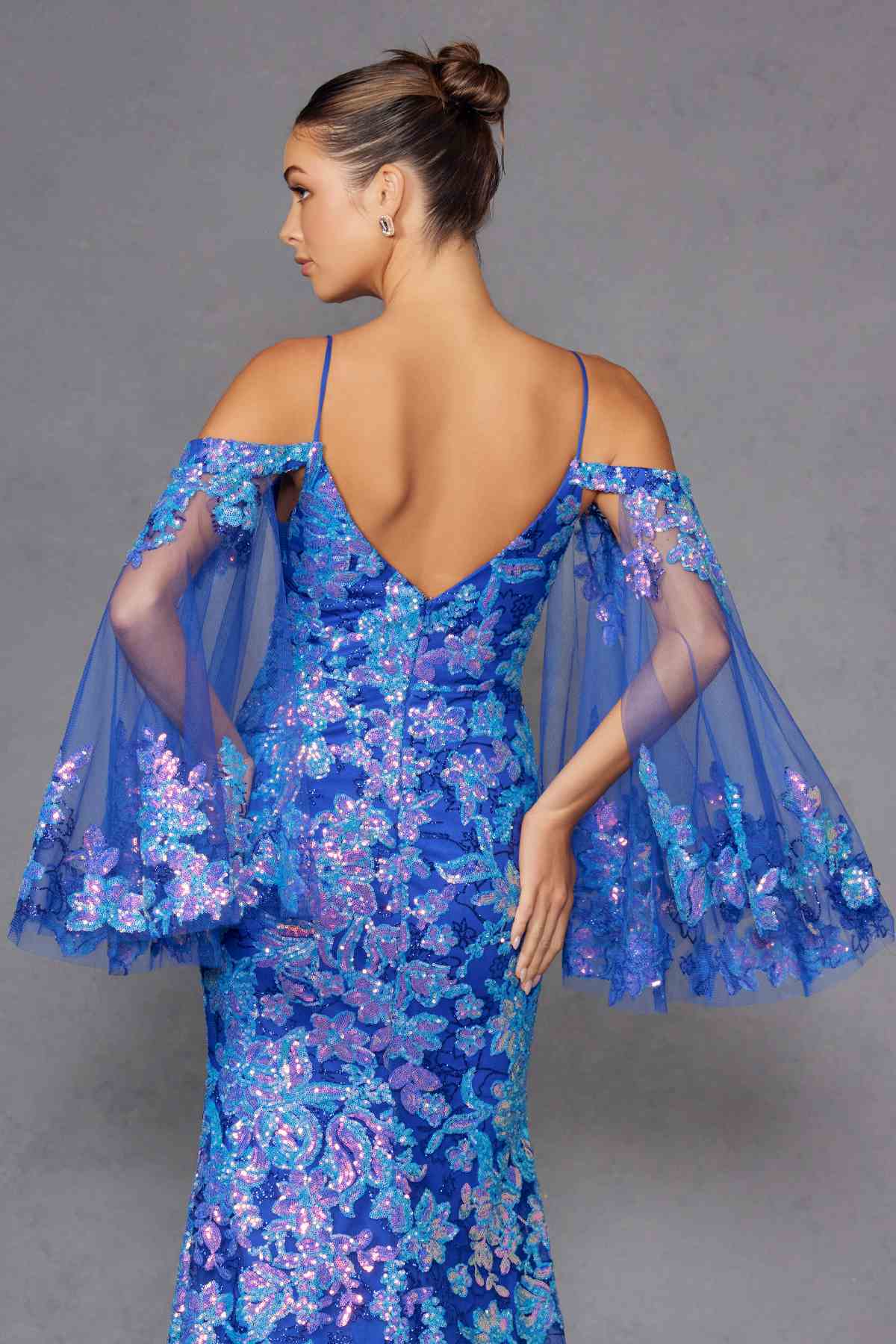 Juliet JT2564U Long Sleeve Cold Shoulder Fitted Sequin Gown