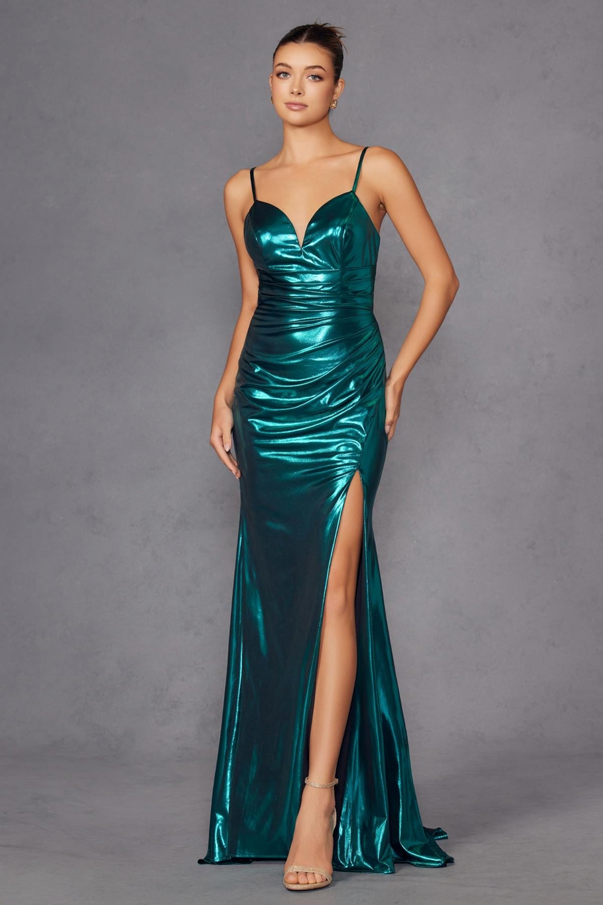 Juliet JT2567U Metallic Fitted Evening Gown
