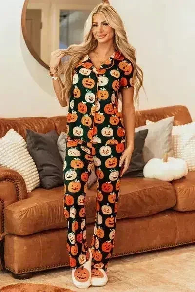 Pumpkin Printed Short Sleeve Top and Pants Lounge Set