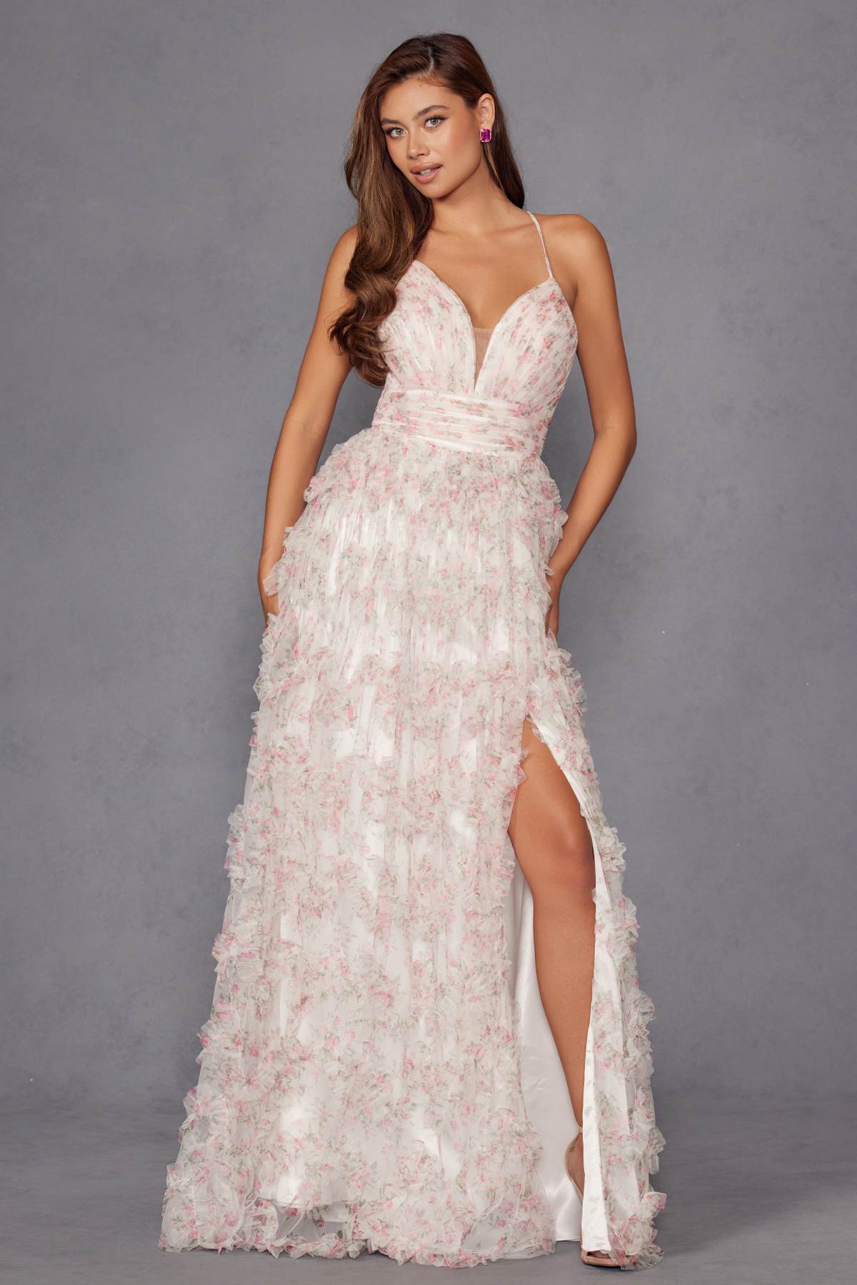Juliet JT2572U Long Ruffled Layered Skirt Print Formal Gown