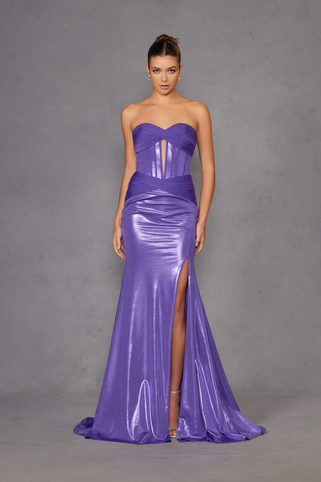 Juliet JT2578H Long Sweetheart Strapless Fitted Metallic Prom Gown