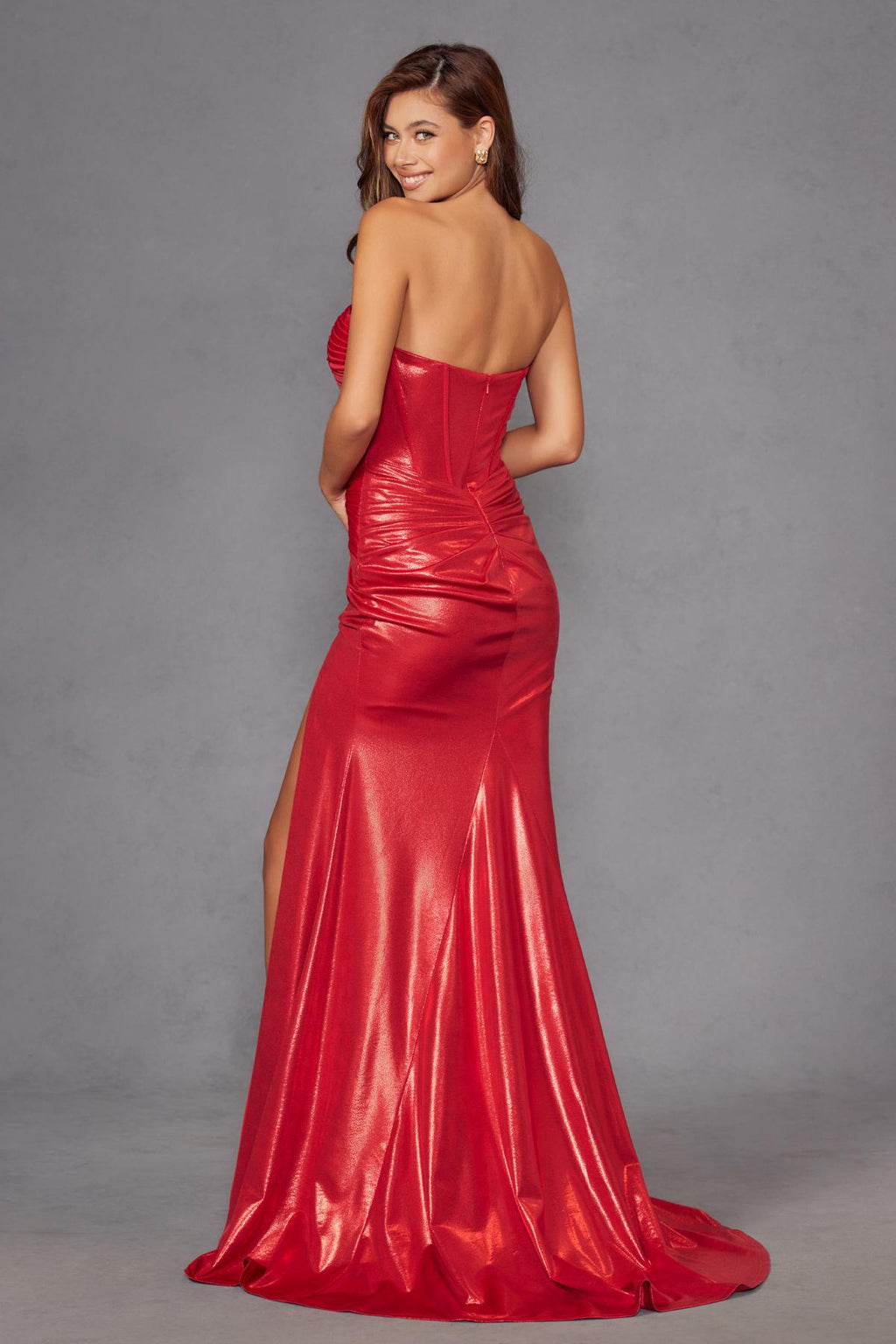 Juliet JT2578H Long Sweetheart Strapless Fitted Metallic Prom Gown