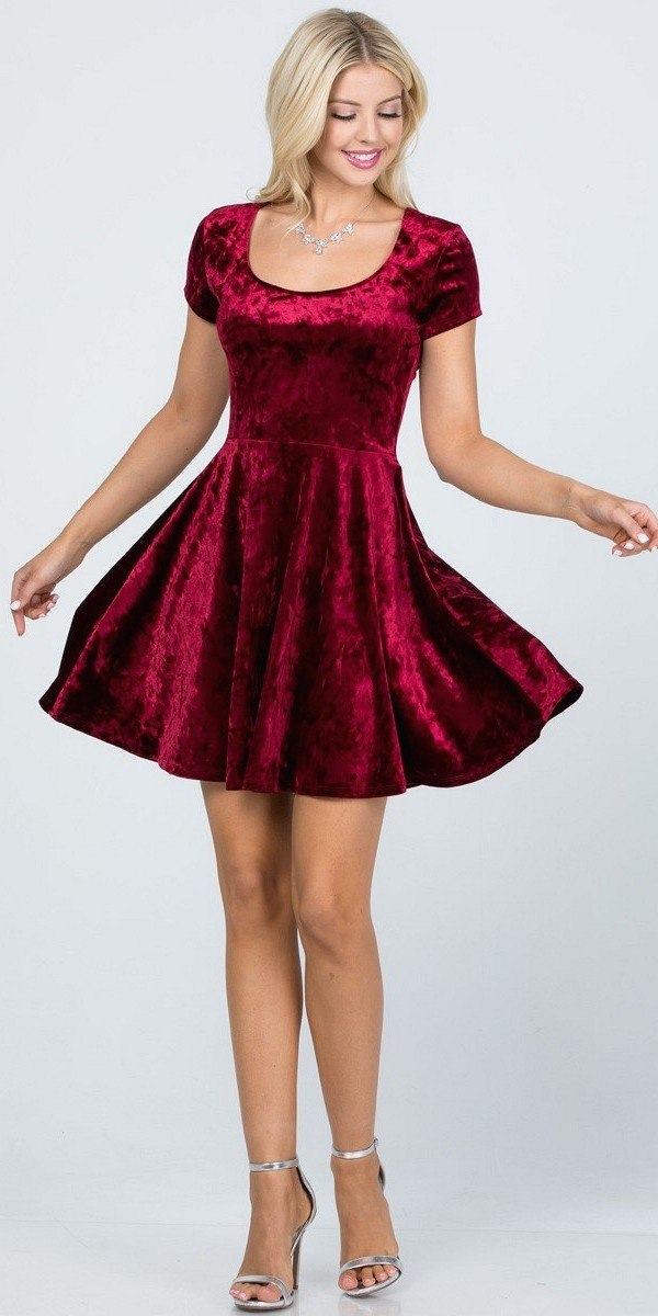 CLEARANCE - La Scala 25821 Crushed Velvet Short Sleeve Red Skater Dress (Size XL)