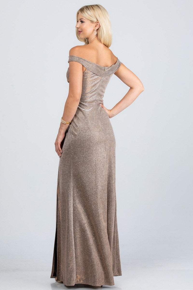 CLEARANCE - La Scala 25854 Off The Shoulder Glittery Jacquard Gathered Gown (Size L)