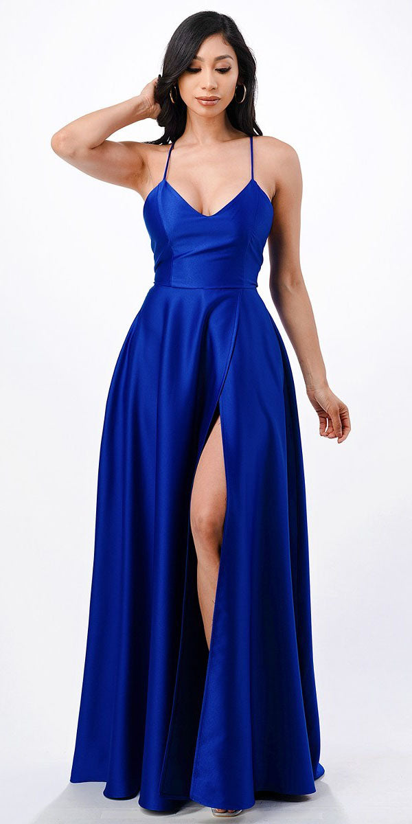 CLEARANCE - La Scala 25895 Open Side Back Spaghetti Tie Stretch Satin Gown (Size XL)