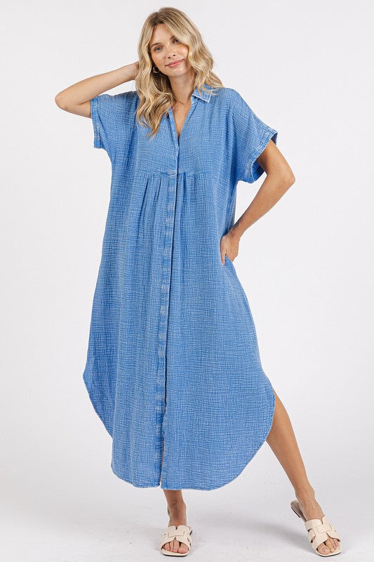 Mineral Wash V-Neck Button-Up Midi Shirt Dress – Trendy, Casual, Lived-In Look with Classic Button Details for Effortless Style