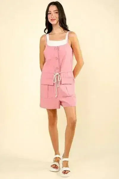 VERY J Half Button Drawstring Sleeveless Romper