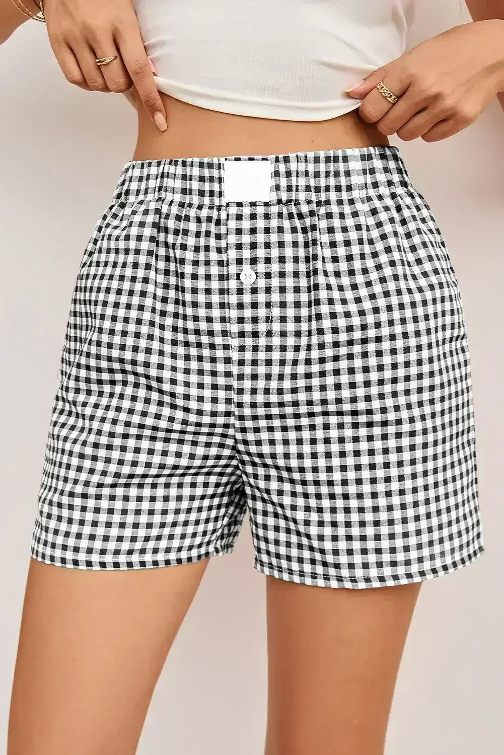 Blue Vintage Gingham Print High Waisted Loose Shorts