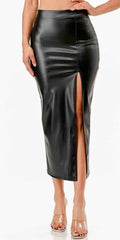 CLEARANCE - La Scala 26019 Mid Length PU leather Pencil Black Skirt (Small)