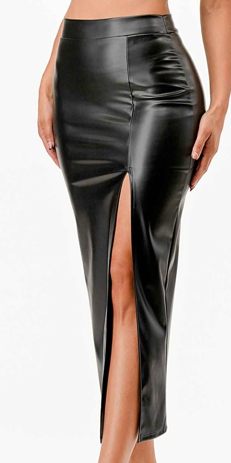 CLEARANCE - La Scala 26019 Mid Length PU leather Pencil Black Skirt (Small)
