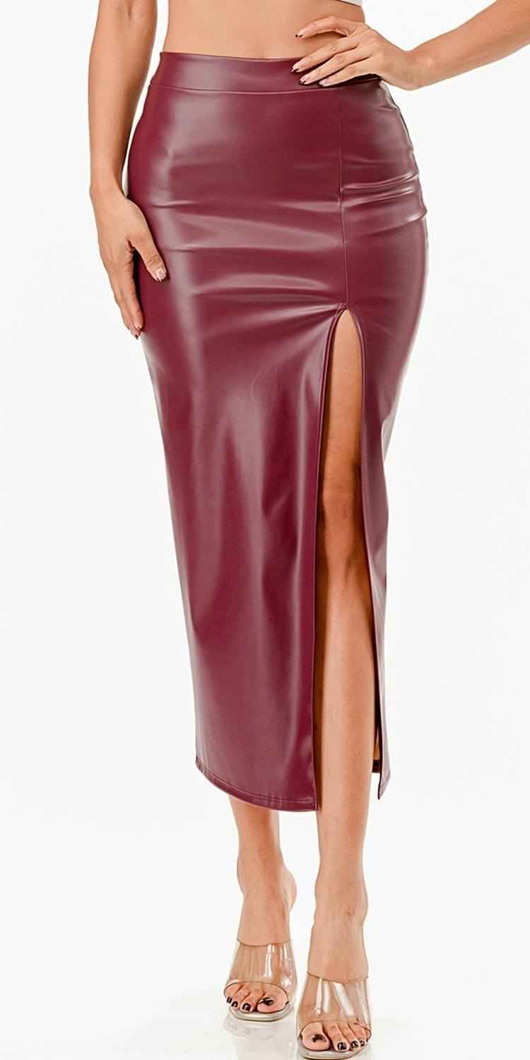CLEARANCE - La Scala 26019 Mid Length PU leather Pencil Black Skirt (Small)