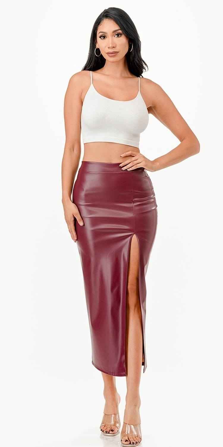 CLEARANCE - La Scala 26019 Mid Length PU leather Pencil Black Skirt (Small)