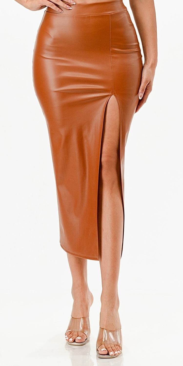 CLEARANCE - La Scala 26019 Mid Length PU leather Pencil Burgundy Skirt (Small) (Copy)