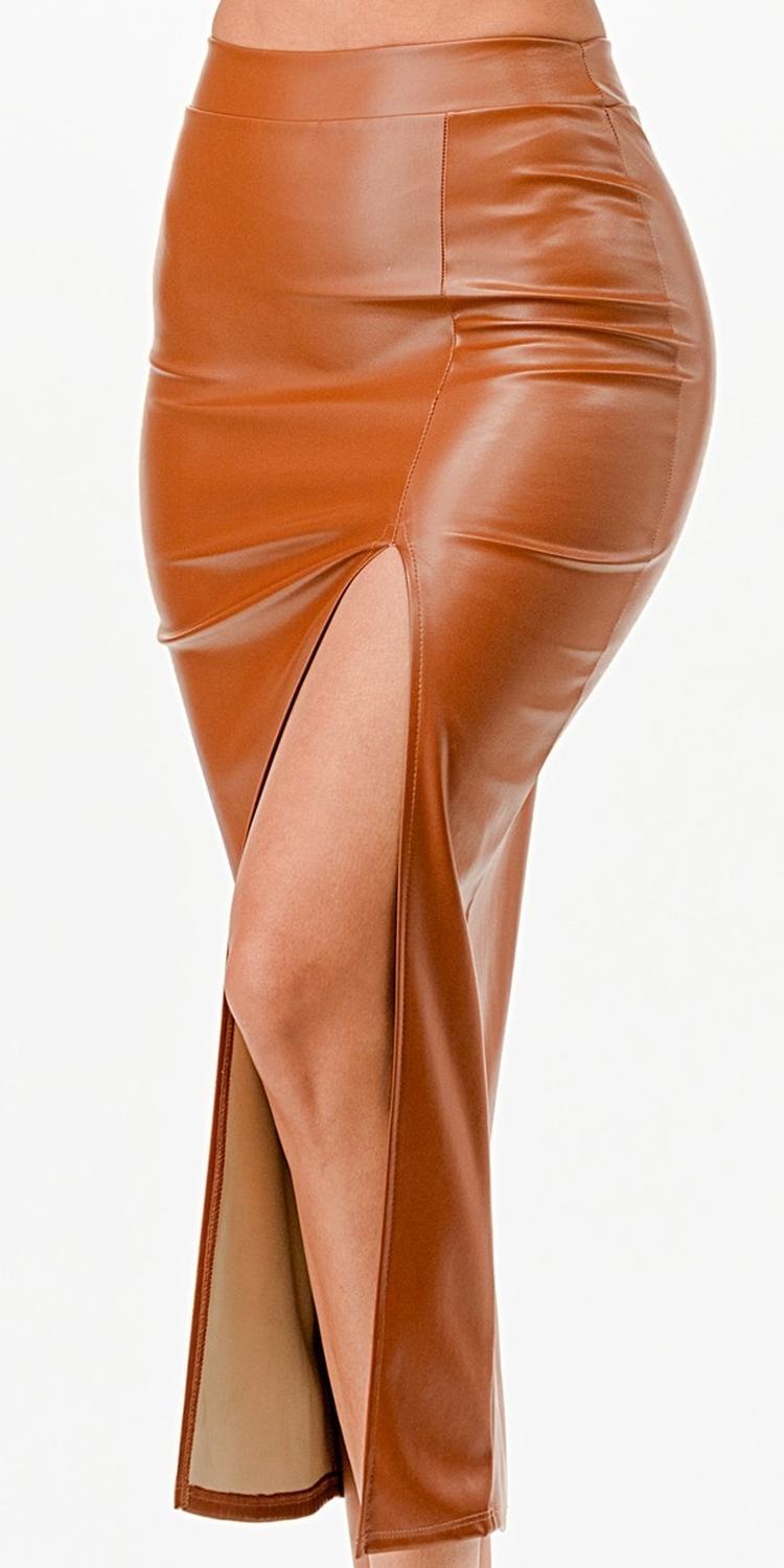 CLEARANCE - La Scala 26019 Mid Length PU leather Pencil Black Skirt (Small)