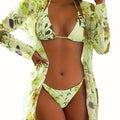Bikini European Style Floral Print 3 Piece Swimsuit Set for Women – Sexy V Neck Bikini with Cross Strap Detail and Matching Long Sleeve Cover-Up – High Stretch Trendy Swimwear for Summer Beach Vacations Resort Looks and Poolside Fashion
