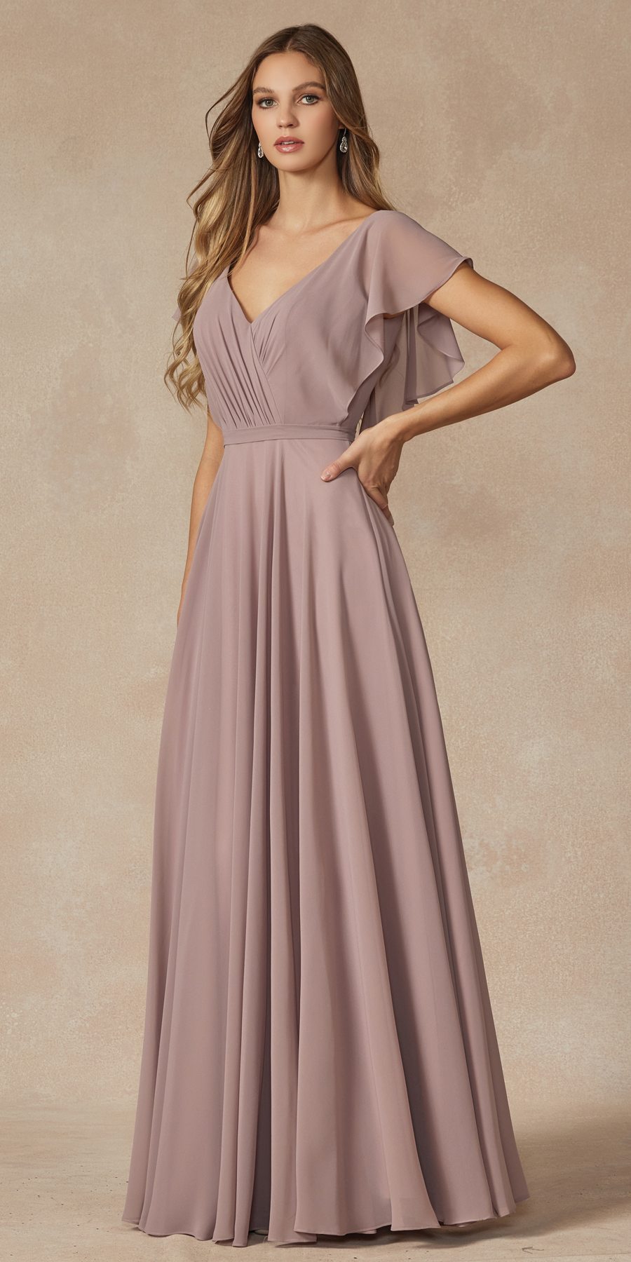 Juliet 261 Flutter Sleeve Formal Dress Cascade Back