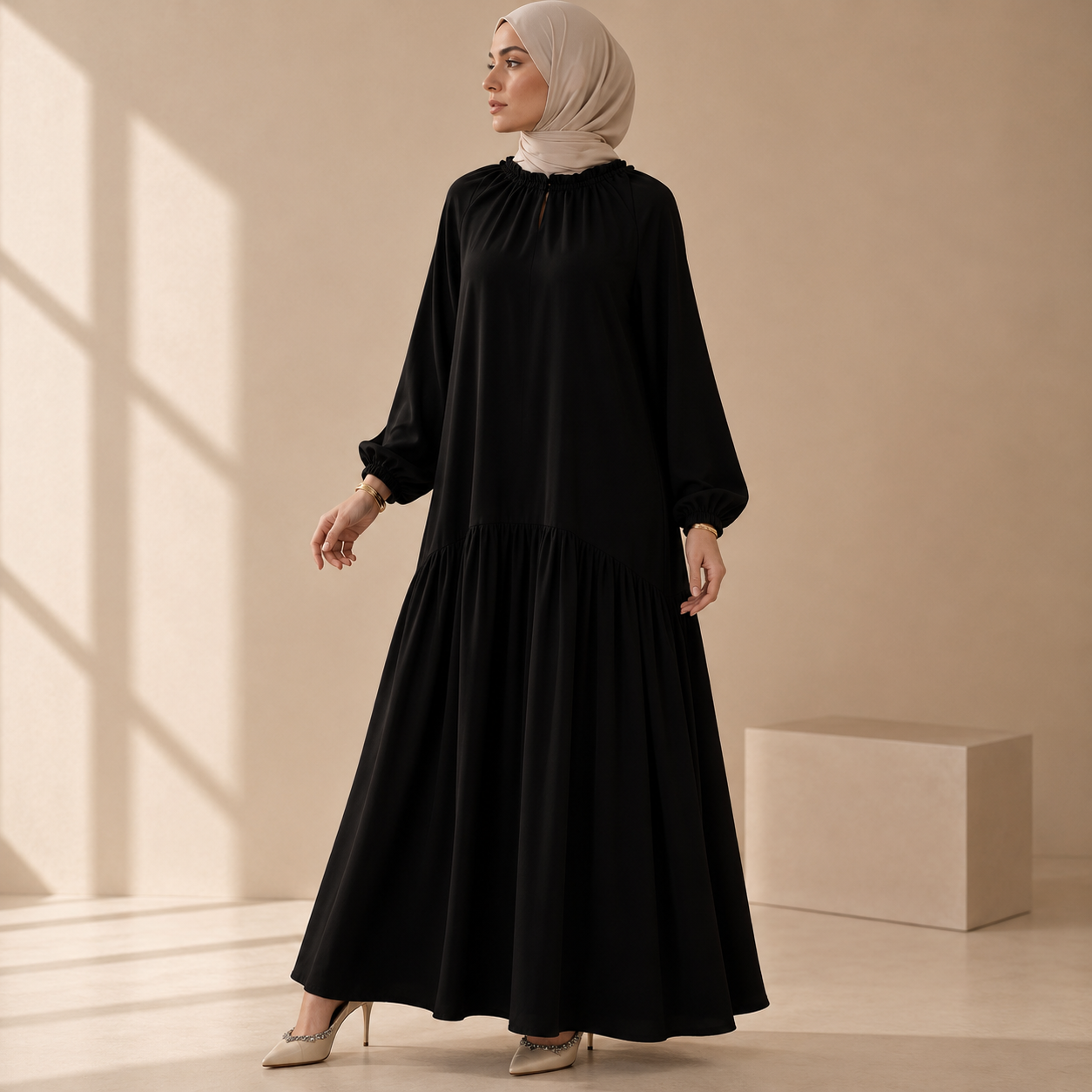 Ruffle Trim Pleated Relaxed Maxi Dress with Waist Tie(MA424)