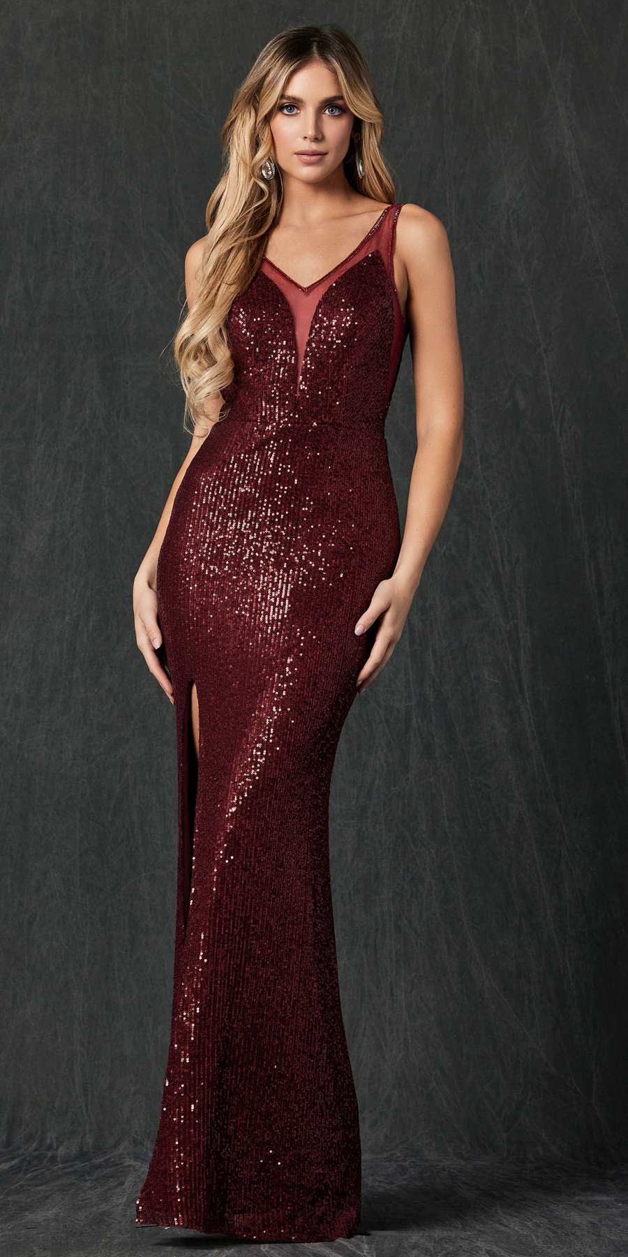 Juliet 264 Long Fitted Sequin Dress Sheer Sides