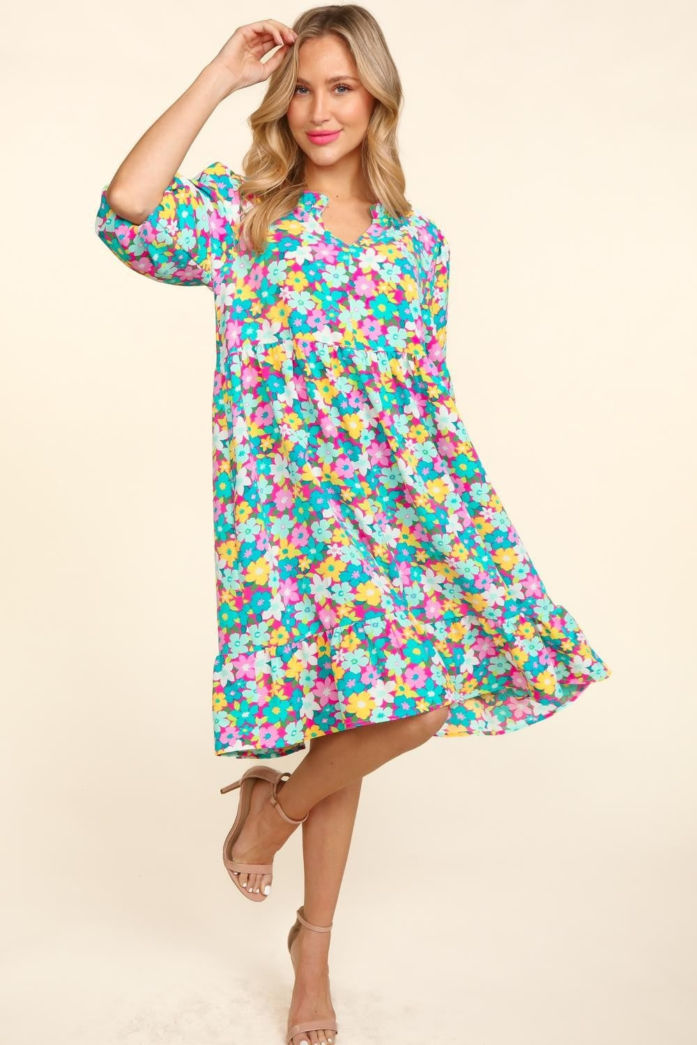 Bubble Sleeve Floral Ruffled Summer Dress For Women – Charming Floral Dress, Feminine Floral Dress, Trendy Bubble Sleeve Dress, Whimsical Ruffled Dress, Elegant Garden Party Dress, Romantic Floral Dress, Chic Bubble Sleeve Dress