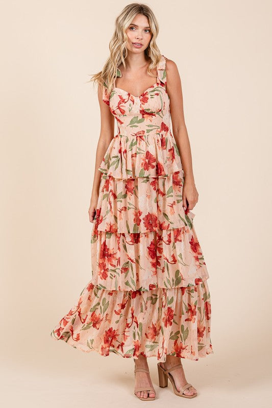 New Summer Layered Floral Sweetheart Neck Maxi Dress For Women – Romantic and Feminine Floral Dress with Layered Skirt