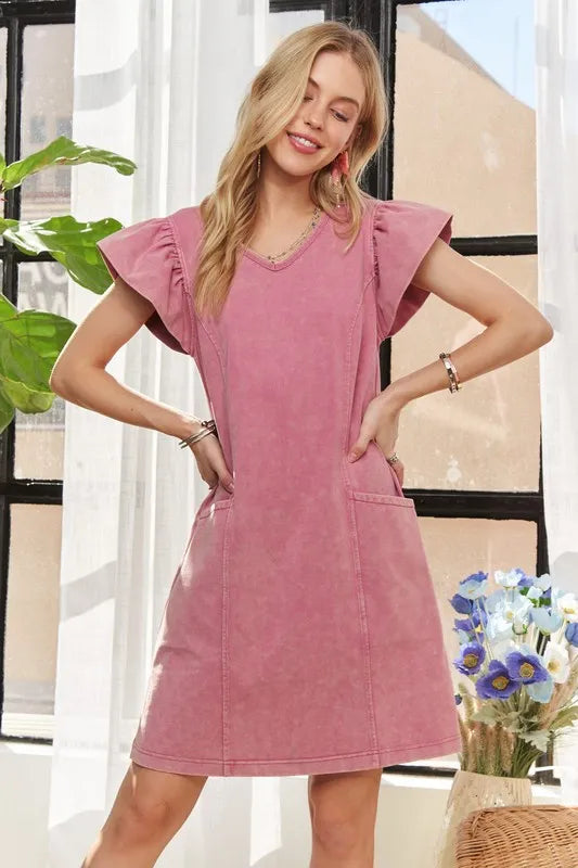 Mineral Washed V-Neck Ruffled Cap Sleeve Dress – Trendy, Comfortable, Playful, Unique Wash For Any Occasion