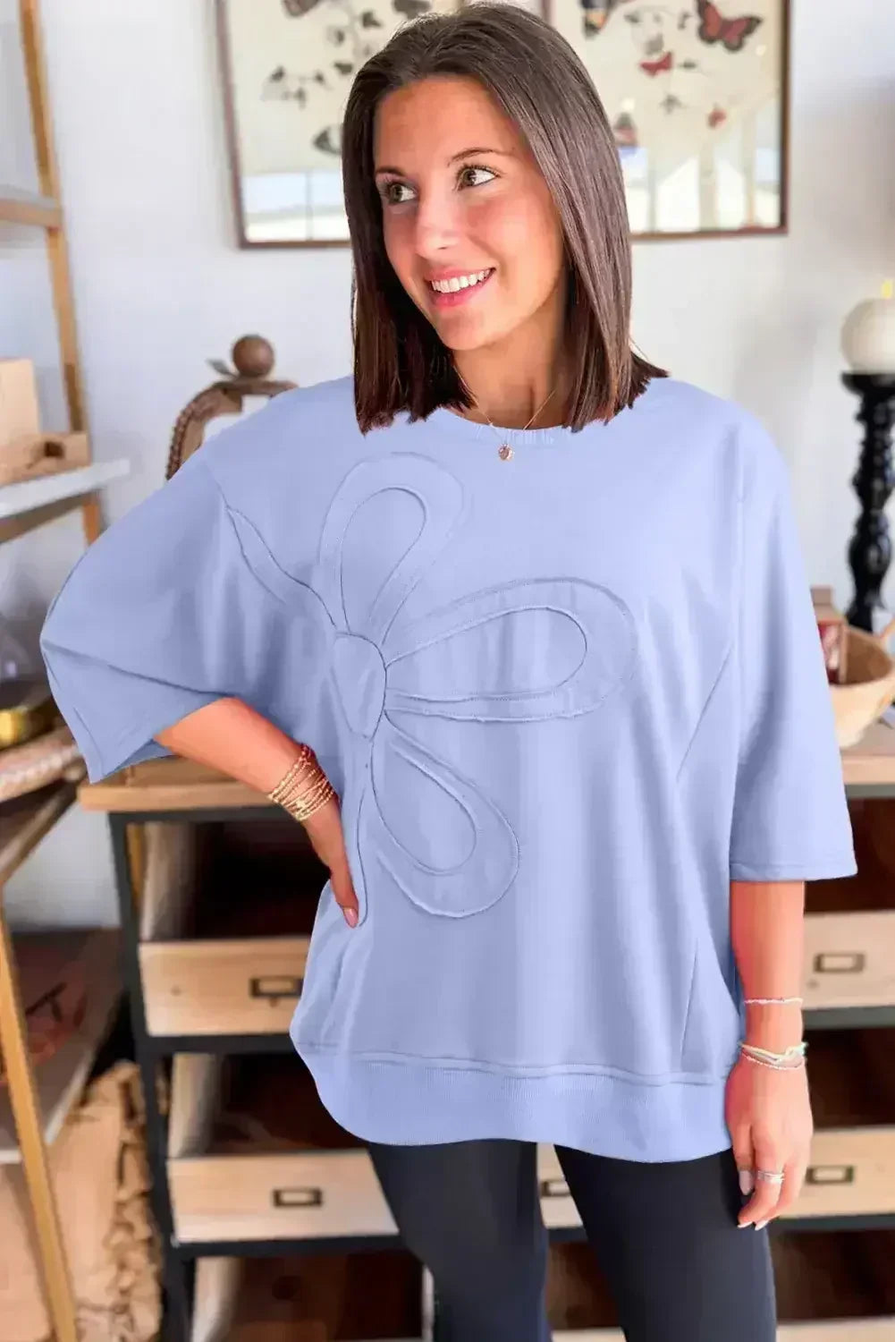 Clearly Aqua Solid Color Floral Patched Half Sleeve Tunic Top