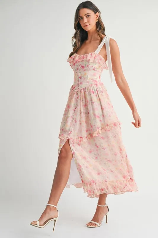 Floral Printed Shoulder Strap Midi Dress For Women – Floral Midi Dress, Shoulder Strap Dress, Ruffled Midi Dress, Feminine Floral Dress, Elegant Occasion Dress