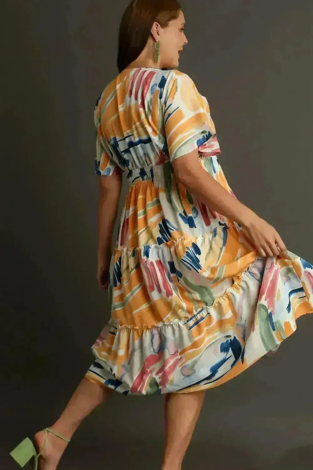 Umgee Abstract Print Midi Dress – Flutter Sleeves & Tiered Frill Detail