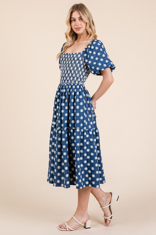 New Floral Embroidered Smocked Puff Sleeve Tiered Midi Dress For Women – Elegant, Romantic, Feminine, and Stylish Midi Dress with Floral Embroidery