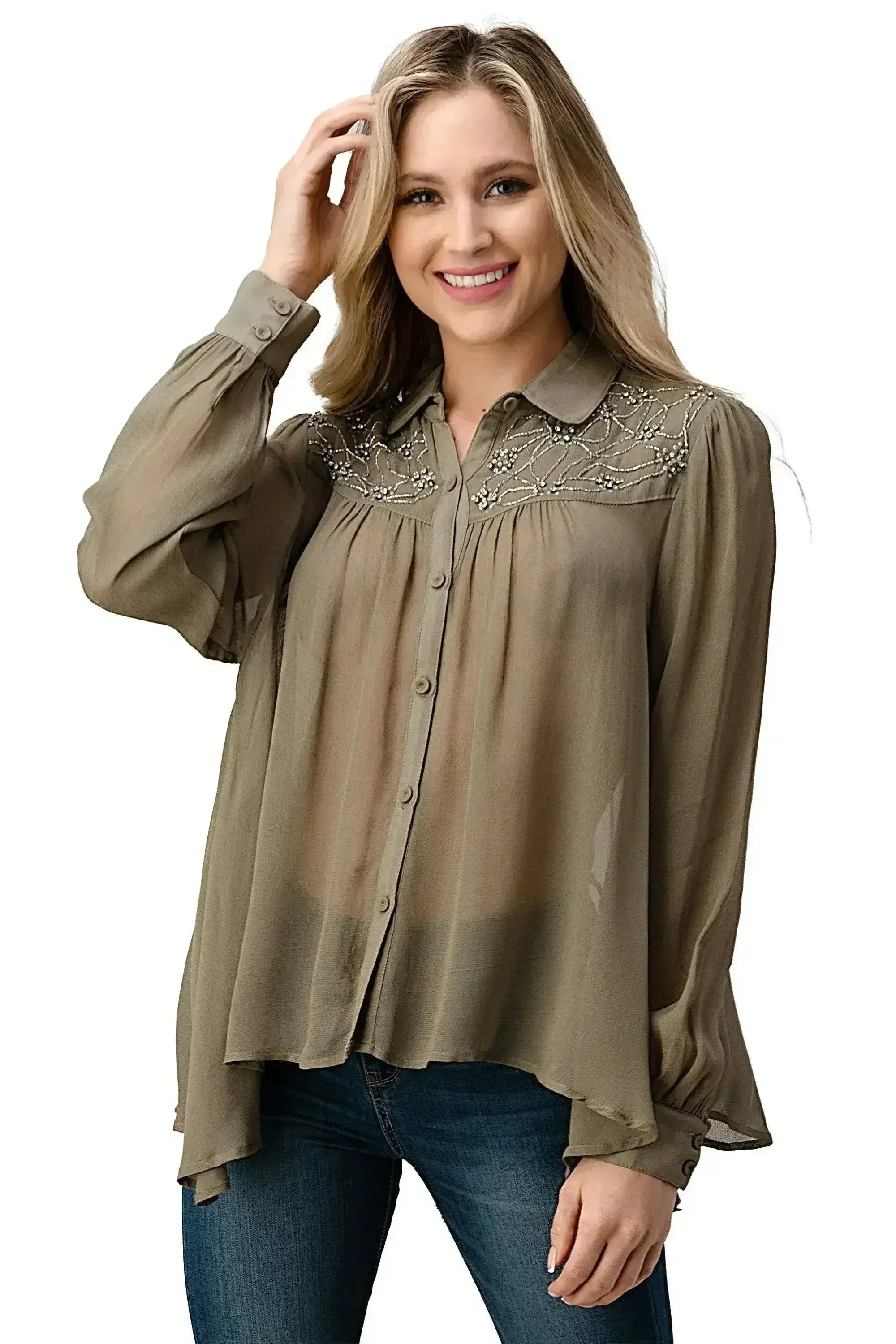 Embroidered Sheer Blouse - Beaded Jewel Trim Button-Up Top | Femstylo