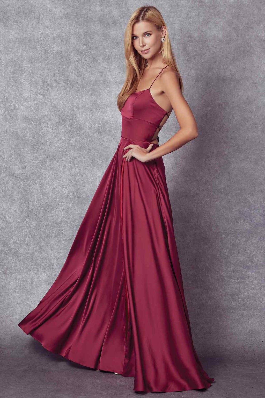 Juliet 278 Formal A-Line Satin Gown with Side Pockets