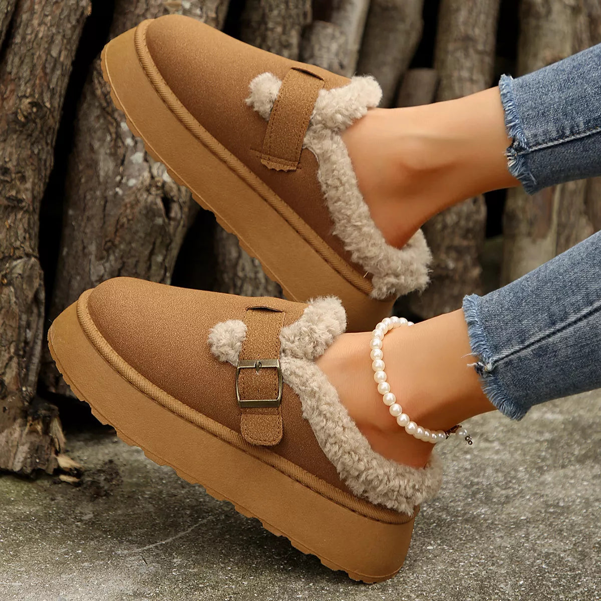 Fuzzy Trim Buckle Platform Slippers