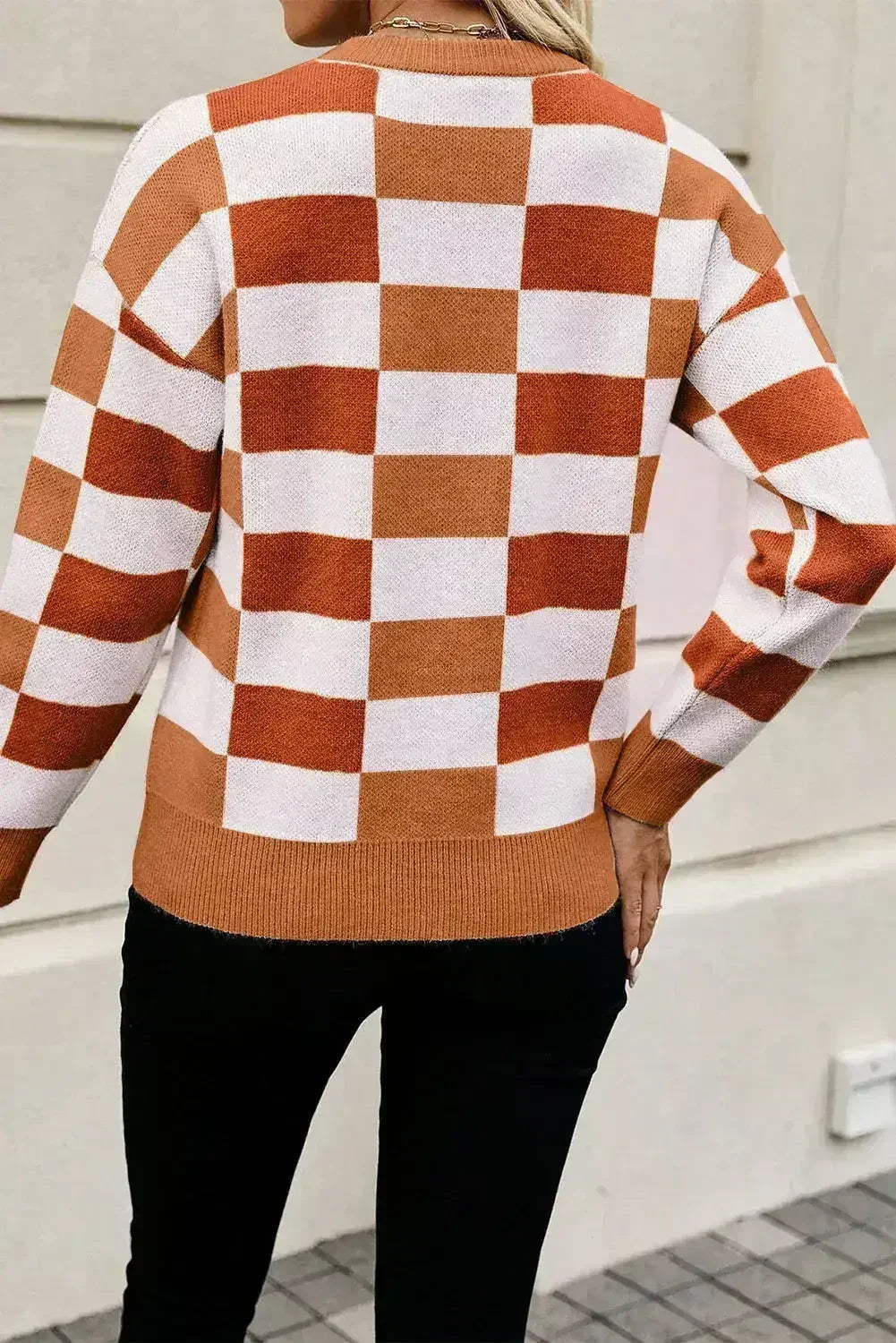 Checkered Drop Shoulder Sweater - Khaki Knit | Femstylo