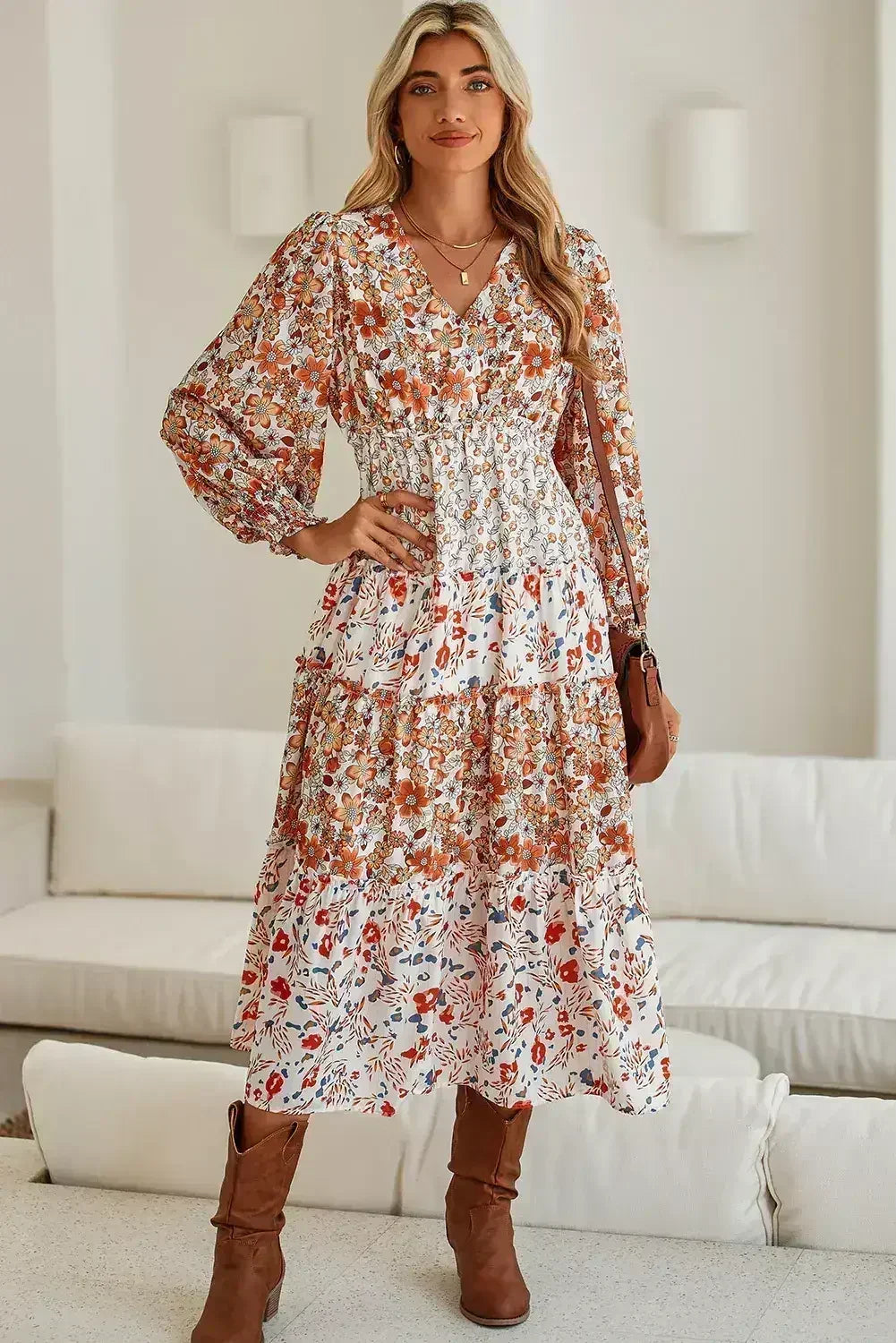 Khaki Floral Print Ruffled Tiered Long Sleeve V Neck Midi Dress