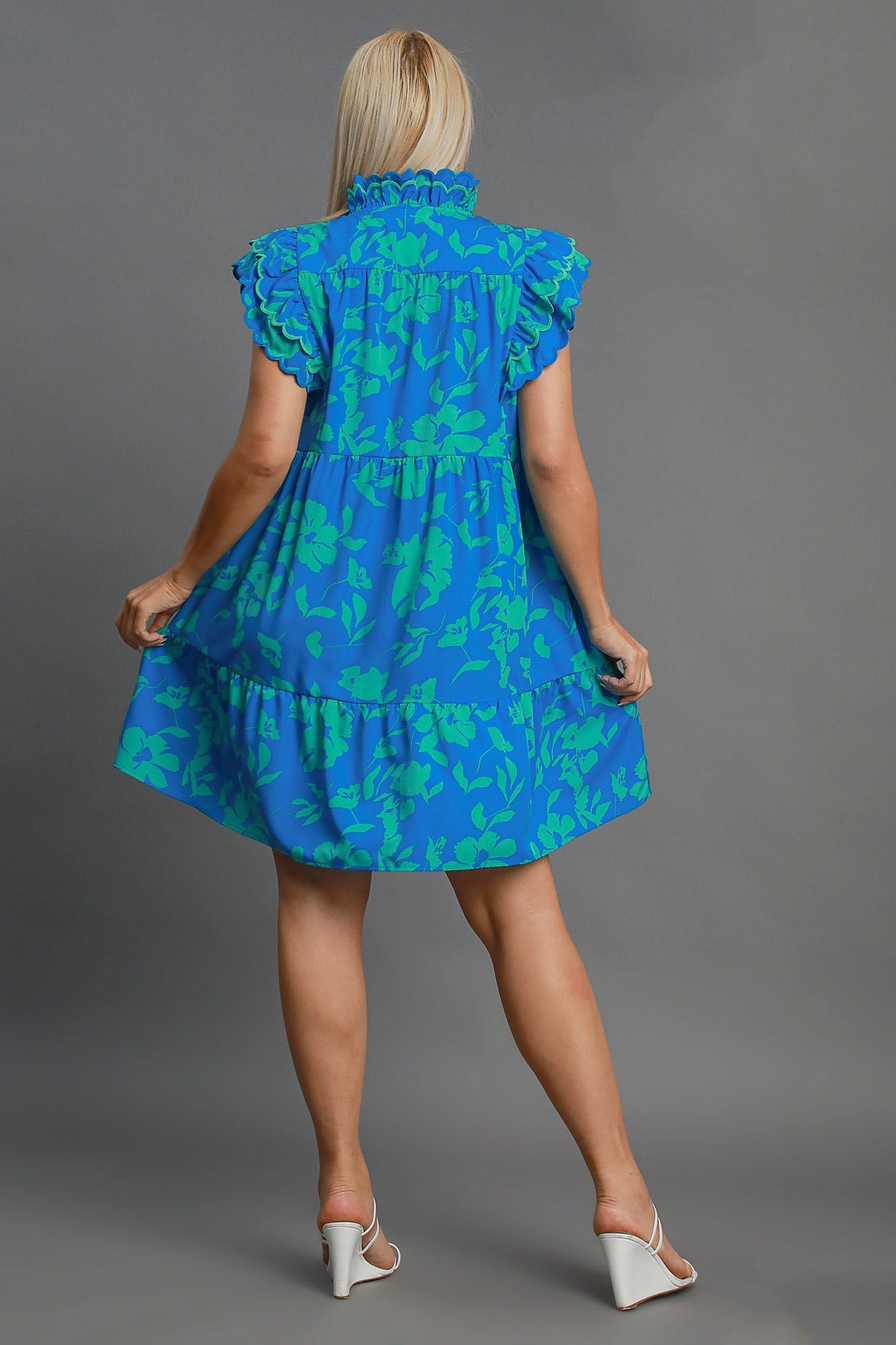 Blue Full Size Two-Tone Floral Print Ruffle Cap Sleeve Mini Dress Plus Size Elegant Dress