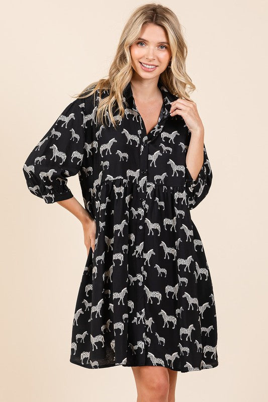 Zebra Print Button Down Shirt Mini Dress – Bold and Fashion-Forward Zebra Print Dress with Casual Button-Down Design