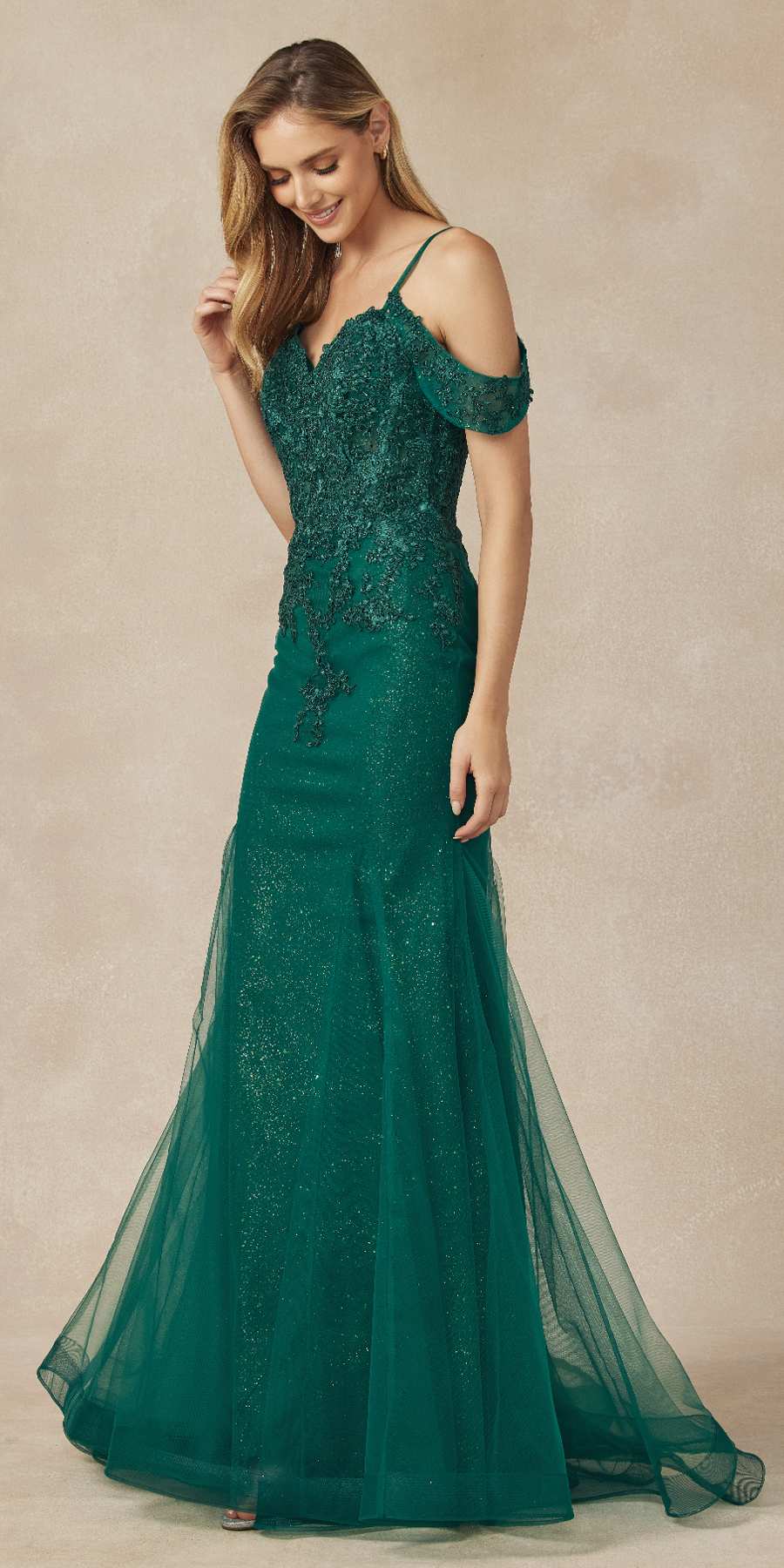 Juliet 281 Long Fully Mesh Gown Off the Shoulder Sleeves Mermaid Skirt