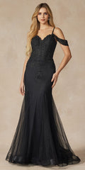 Juliet 281 Long Fully Mesh Gown Off the Shoulder Sleeves Mermaid Skirt