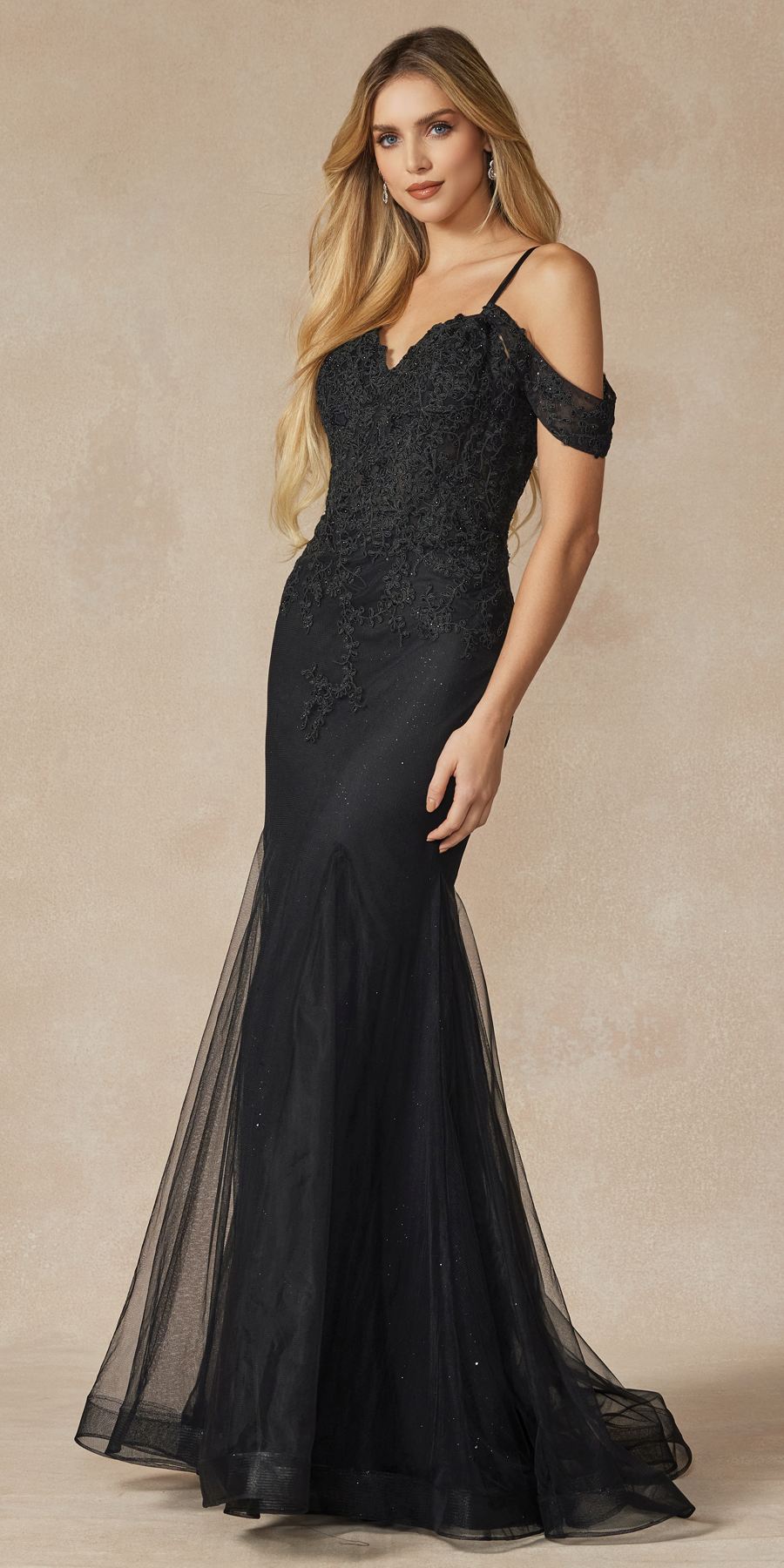 Juliet 281 Long Fully Mesh Gown Off the Shoulder Sleeves Mermaid Skirt